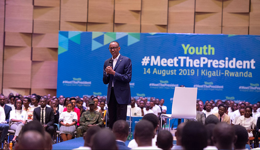 President Kagame addresses the youth from within the country and the Diaspora during the Meet The President session at Intare Conference Arena in Rusororo Sector, Gasabo District. The meeting among others sought to encourage the youth to be self-driven as a way to consolidate gains the country has made over the last few years. Village Urugwiro.