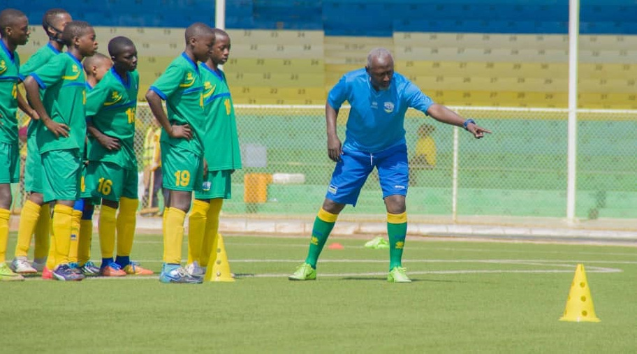 The Amavubi U-15 Assistant Coach, Musa Gatera takes the youngsters through the drills ahead of their clash with South Sudan in the opening match of Group B of the CECAFA U-15 Championships today. / Courtesy