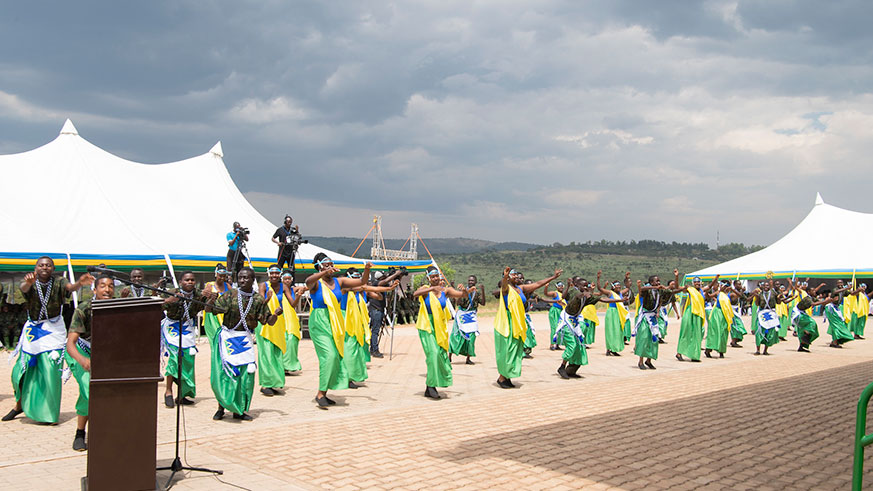 Members of the 12th Indangamirwa cohort showcase their traditional dance skills during the pass-out at Gabiro Combat Training Centre on August 8, 2019. Courtesy.