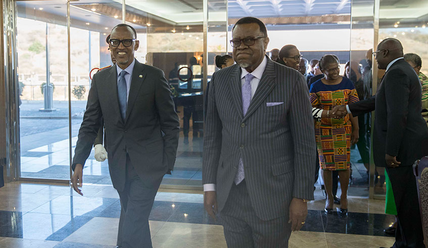 President Paul  Kagame with his host President Hage Gottfried Geingob of Namibia. During Kagameu2019s three-day visit to Namibia, the two Heads of State are expected to sign a General Cooperation Agreement.  Village Urugwiro. 