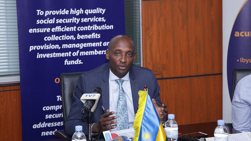 Richard Tusabe, the Director General of Rwanda Social Security Board, speaks during the news conference in Kigali yesterday. E. Kwizera.
