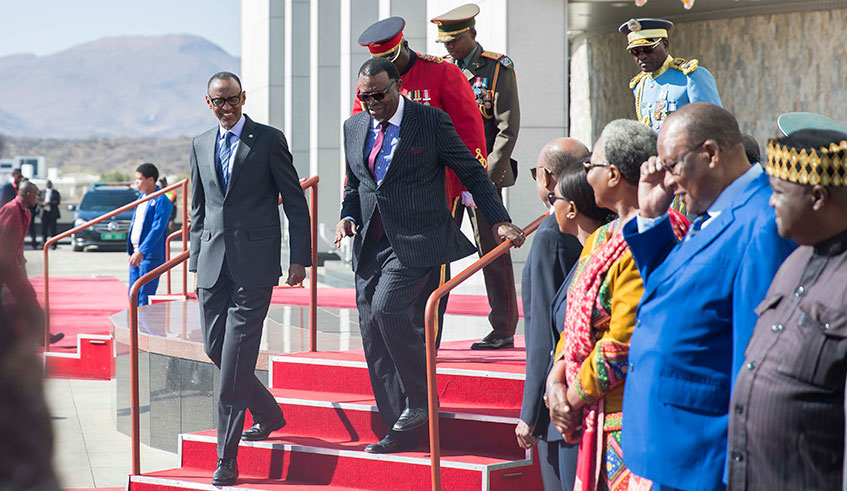 President Paul Kagame and his host President Hage Gottfried Geingob in Windhoek, Namibia. The two Heads of State addressed a joint news conference in which Kagame made the case for Africa to pursue its interests devoid of external influence.  Village Urugwiro.