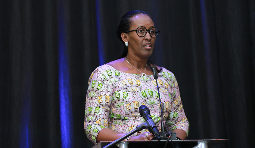First Lady Jeannette Kagame delivers her keynote remarks at the u2018Be Free Nation Building Dialogueu2019 in Windhoek, Namibia, yesterday. Courtesy.