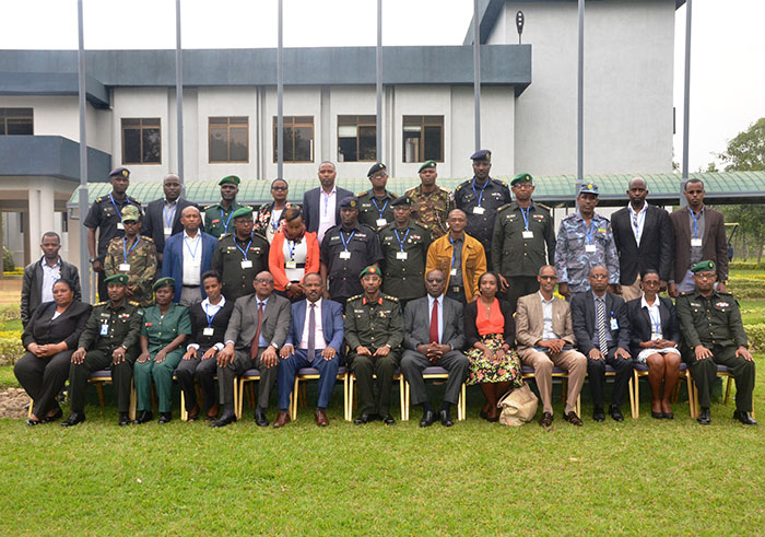 Participants of the training on Protection of Civilians pose for a group photo at Rwanda Peace Academy premises in Musanze District. (Ru00e9gis Umurengezi)