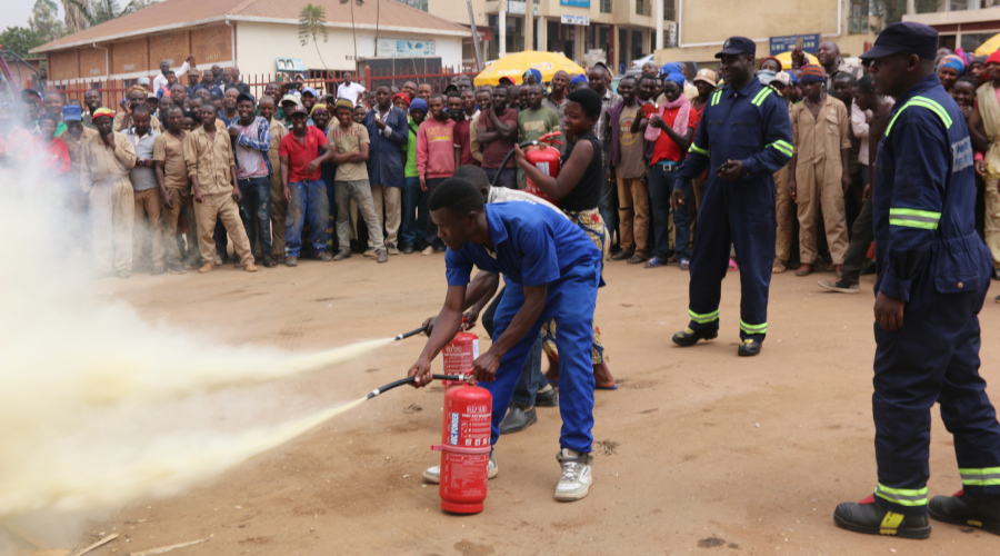 A fire fighting simulation exercise in Agakiriro Market.