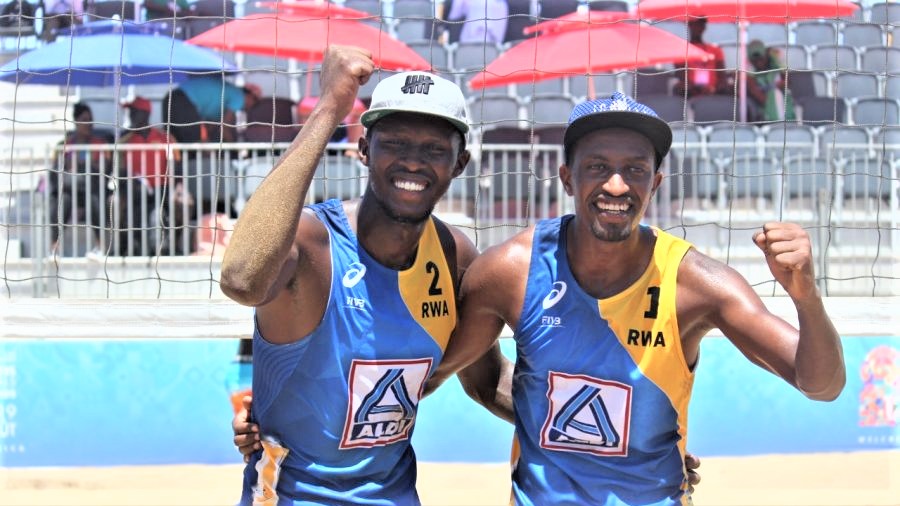 Patrick Kavalo Akumuntu (L) and Olivier Ntagengwa celebrate after beating South Africa to win Rwanda's first medal at the All-Africa Games 2019 on Wednesday. Courtesy