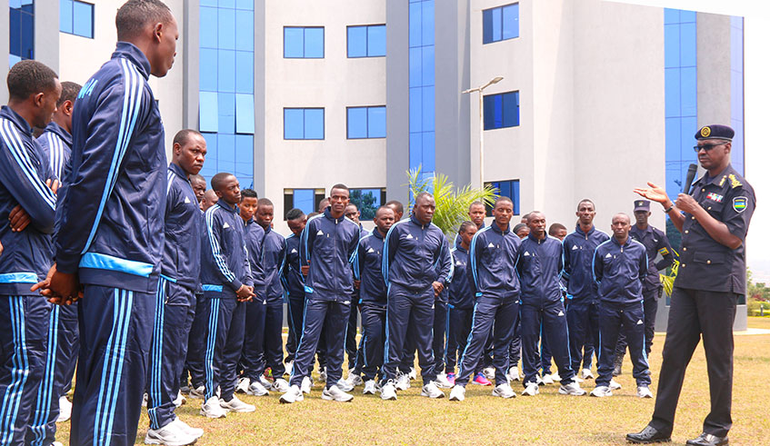Inspector General of Police (IGP) Dan Munyuza addressing Police teams on Friday prior to their departure for EAPCCO Games in Nairobi, Kenya. Courtesy.