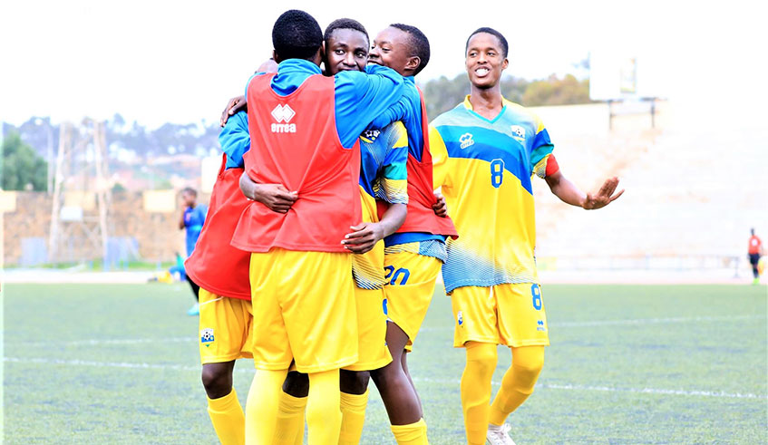Rwanda U15 team players celebrate after beating Tanzania 2-1 to reach the last four on Friday. Courtesy