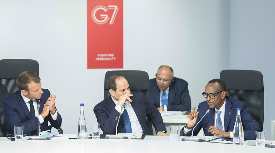 President Kagame speaking at the G7 Summit in Biarritz, France yesterday. With him are presidents Emmanuel Macron of France (left), while in the middle is Abdel Fattah el-Sisi, the president of Egypt and the current chairperson of the African Union. / Village Urugwiro