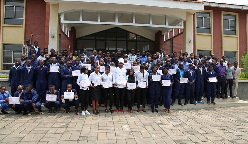 Beneficiairies of the short-term vocational training programme pose for a photo at IPRC-Musanze premises in Musanze District. Reu0301gis Umurengezi.