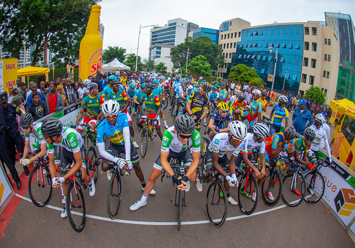 Riders line-up before kick-off in front of the City Hall in downtown Kigali. / File