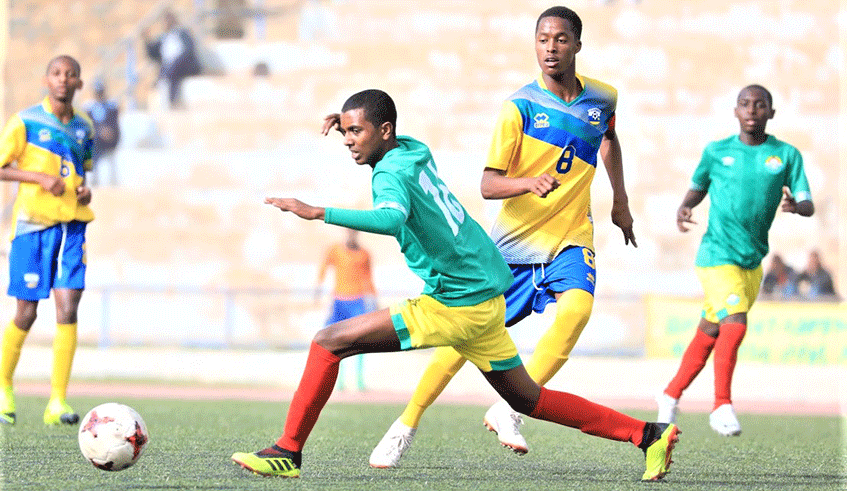 Kenedy Hoziyana (#8), seen here in action against Ethiopia in the group stage, will be looking to captain Rwanda to the final of the 2019 Cecafa U15 Challnge. File.