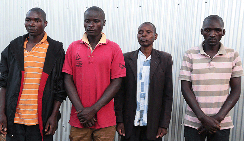 L-R: Four Rwandans deported from Uganda Jacques Ndayambaje, Emmanuel Twizerimana , Fu00e9licien Uwizeye and Jimmy Habimana after speaking to media yesterday. Courtesy.