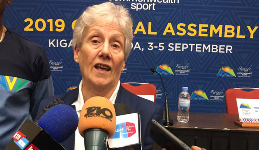 The President of the Commonwealth Games Federation (CGF) Dame Louise Martin DBE speaks to media in Kigali yesterday (courtesy)