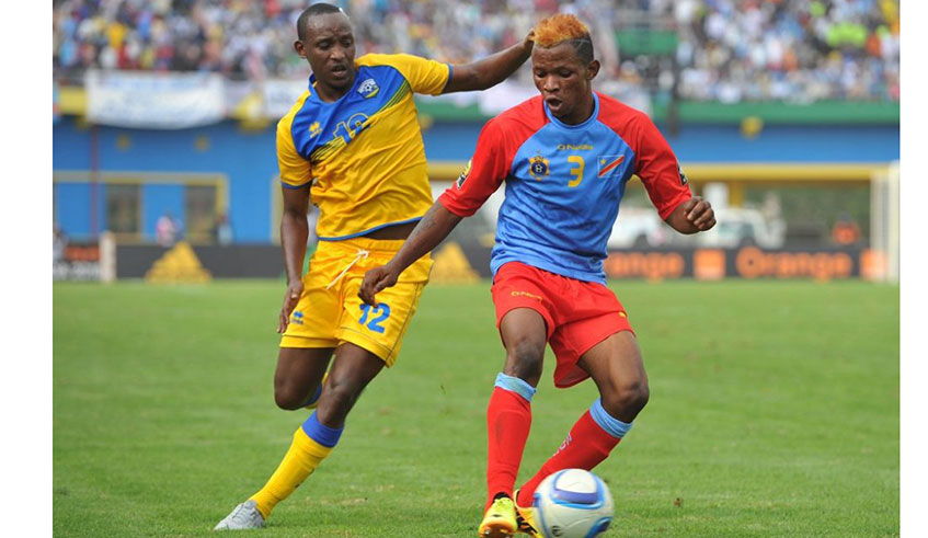 Jean Claude Iranzi (L), seen here against DR Congo in a past match, was a key member of the Amavubi squad during the 2016 CHAN finals tournament staged in Rwanda. File.