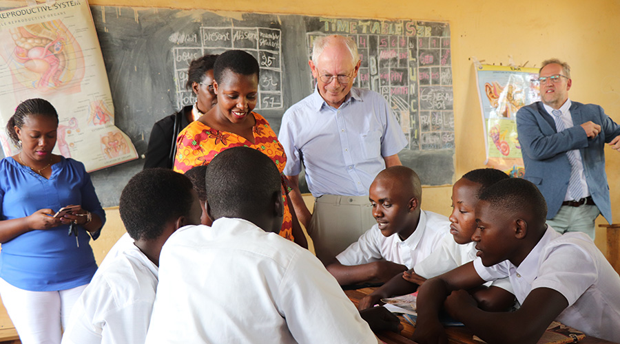 Herman Van Rompuy, former President of the European Council and former Prime Minister of Belgium, visits one of the schools in Rwamagana. / Courtesy