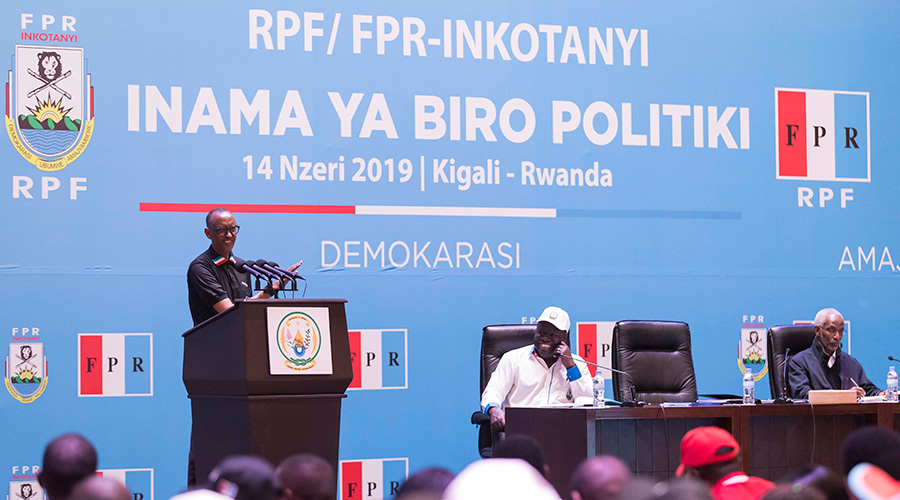 President Paul Kagame delivers his remarks during the Rwanda Patriotic Frontu2019s Bureau Politique meeting at the party headquarters in Rusororo, Gasabo District on Saturday. On the extreme right is the party Secretary-General Franu00e7ois Ngarambe alongside the RPF Vice-Chairperson Christophe Bazivamo. / Village Urugwiro