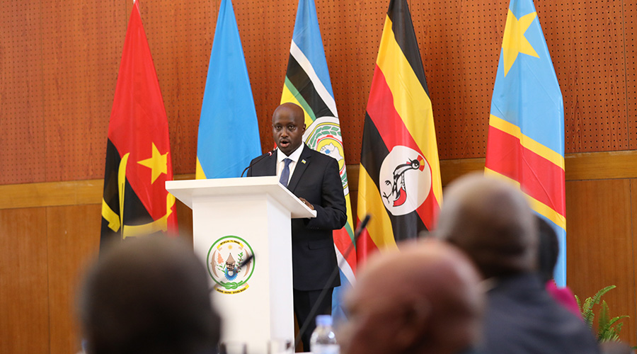 Amb. Olivier Nduhungirehe, Rwanda's Minister of State in charge of the East African Community during his remarks at MINAFFET in Kigali on September 16, 2019. / Emmanuel Kwizera