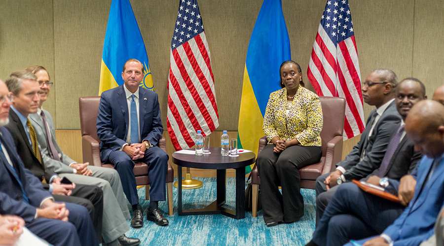 The Minister for Health, Diane Gashumba, meets the US Health and Human Services Secretary, Alex Azar, in Kigali yesterday. Azar and his delegation commended Rwandau2019s gains in the health sector in recent years. / Courtesy