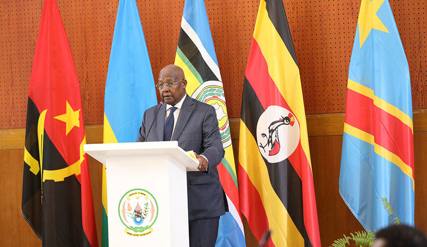 Uganda's Foreign Affairs Minister speaks at the meeting in Kigali. (Photos by Emmanuel Kwizera)