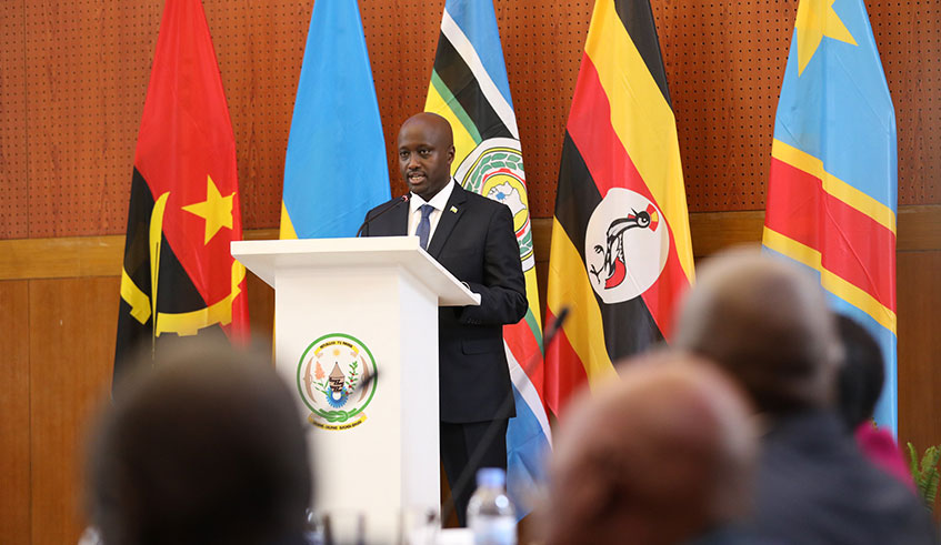 Amb. Olivier Nduhungirehe, makes his remarks in Kigali. (Emmanuel Kwizera)