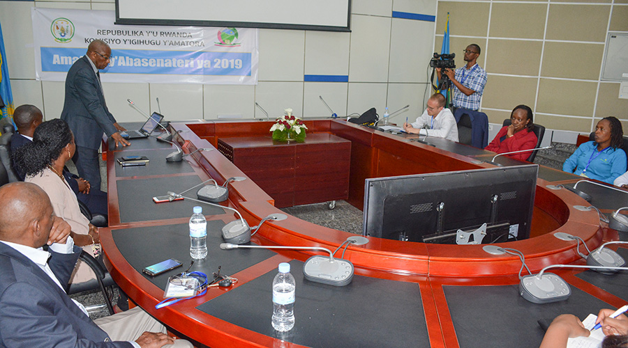 The National Electoral Commissionu2019s chairperson Prof. Kalisa Mbanda speaking in the Senatorial elections at Kigali City Hall on September 16, 2019. In City of Kigali, William Ntidendereza took the lead with 66 votes equivalent to 60 per cent beating Zeno Mutimura who came in second with only 18 per cent. / Emmanuel Kwizera