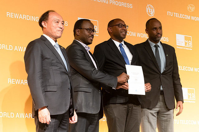 L-R:  Secretary-General ITU - Mr Zhao; Didier Nkurikiyimfura - Smart Africa; Pierre Kayitana - Irembo; and Innocent Muhizi - RISA.