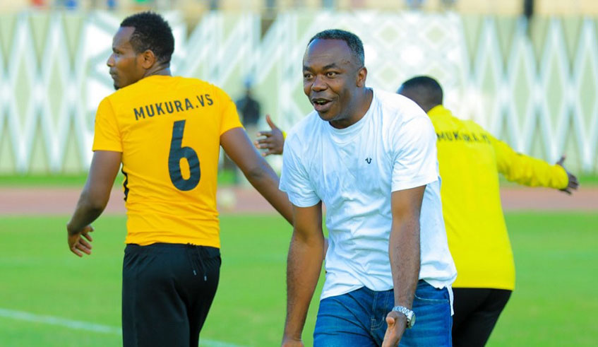 Mukura head coach Olivier Ovambe celebrates after his sideu2019s 2-1 win over Rayon Sports at Amahoro Stadium on Sunday. Courtesy.