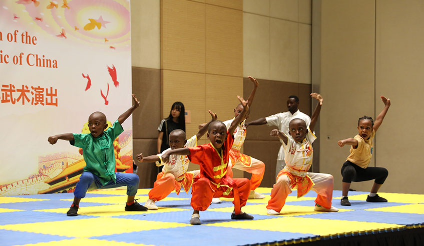 Young Kung-fu players demonstrate their skills during the event at Kigali Convention Centre on Sunday. Emmanuel Kwizera