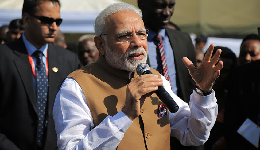 Indiau2019s Prime Minister Narendra Modi speaks during a visit to Rweru Model Village in Bugesera District last year. Sam Ngendahimana.