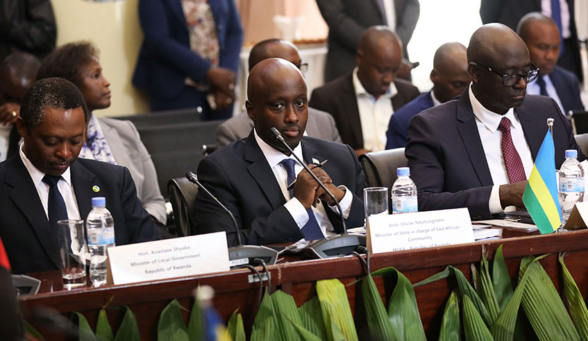 The Minister for Local Government, Prof Anastase Shyaka , State Minister in charge of the East African Community Amb. Olivier Nduhungirehe, and the Minister for Justice Johnston Busingye during the Rwanda- Uganda Adhoc Commission meeting in Kigali on Monday. Emmanuel Kwizera.