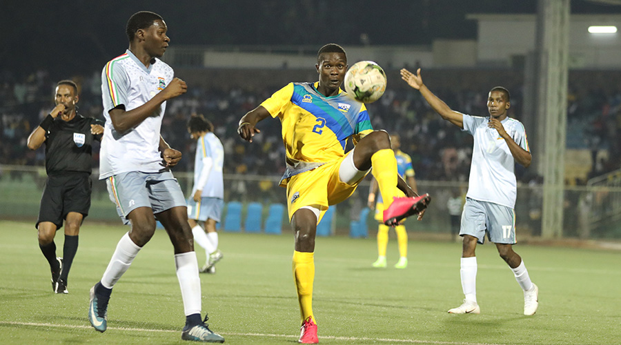 APR left-back Emmanuel Imanishimwe (C), seen here in action against Seychelles earlier this month, is a key member of Vincent Mashamiu2019s Amavubi squad that faces Ethiopia on Sunday. / Sam Ngendahimana
