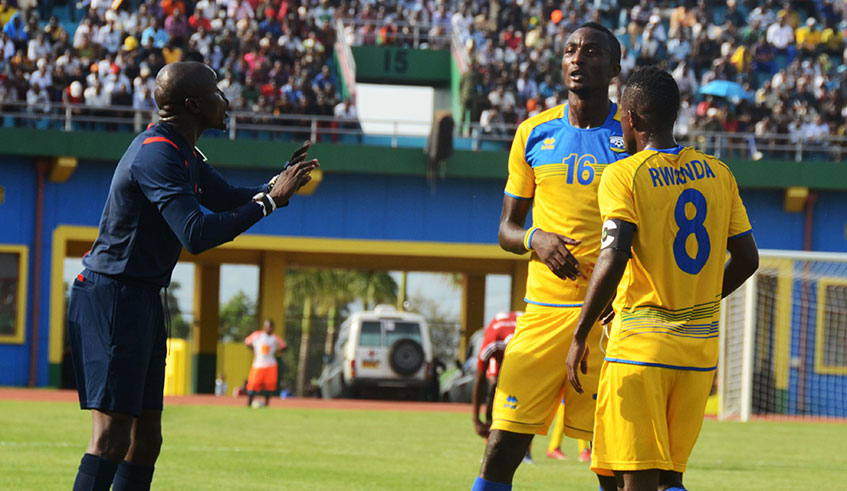 Ernest Sugira (#16), seen here in a past match against Mauritius at Amahoro stadium, scored the lone goal during Rwandau2019s 1-0 win over Ehiopia on Sunday.  File.