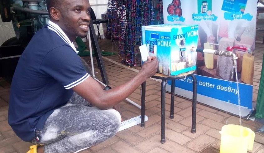 Thu00e9ogu00e8ne Kelly Mugabo, an IPRC Kigali student, besides u2018Smart Vomau2019, he has co-designed a self-operating milk vending machine and u2018O-Vendoru2019 that auto-sells bottled products. Courtesy.