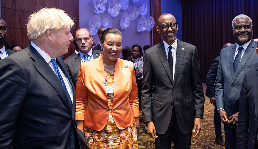 (L-R) British Prime Minister, Boris Johnson, Commonwealth Secretary-General Patricia Scotland, President Kagame and AU Chairperson Moussa Faki Mahamat at the Commonwealth reception in New York. (Village Urugwiro)