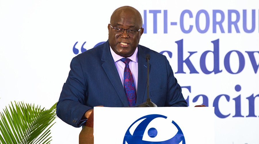 Rueben Lifuka, Vice Chairperson of Transparency International Zambia addressing a conference. / Courtesy