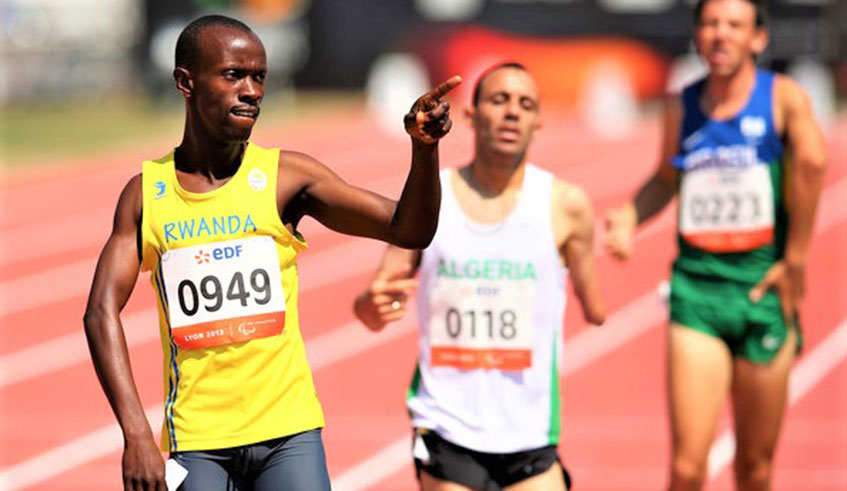 Hermas Cliff Muvunyi is seen here celebrating after winning gold in T46 menu2019s 800m category at the 2013 Jeux de la Francophonie in Lyon, France. File.
