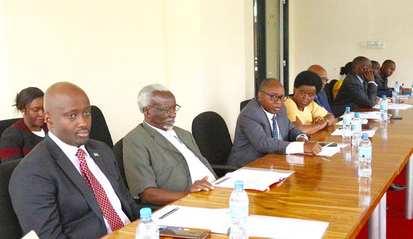 Amb. Olivier Nduhungirehe, Rwandau2019s State Minister for East African Community affairs, and his counterparts during their meeting with members of the East African Legislative Assembly in Arusha yesterday. Courtesy.