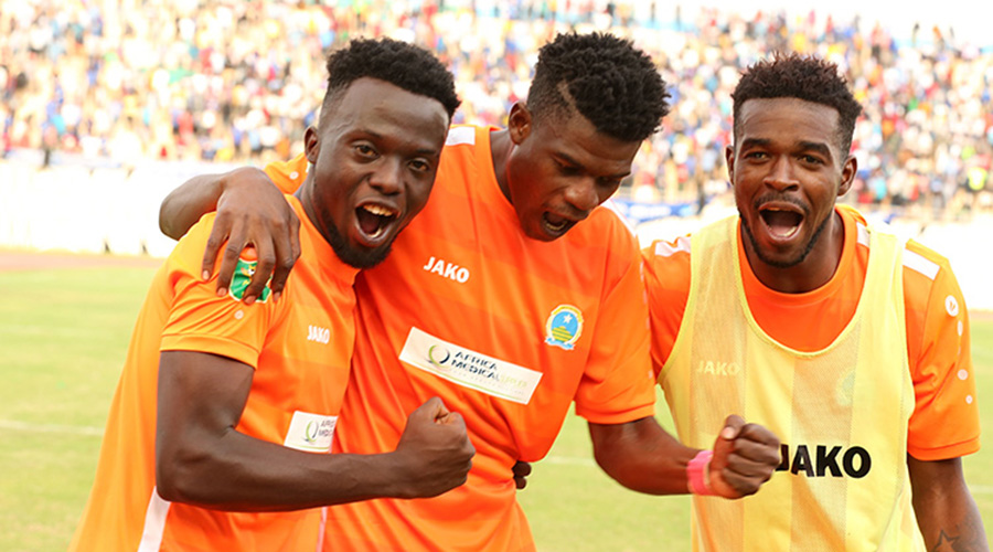 AS Kigali players, including forward Farouk Ssentongo (C), celebrate after beating Rayon Sports to win the Super Cup title at Amahoro Stadium on Tuesday. / Sam Ngendahimana