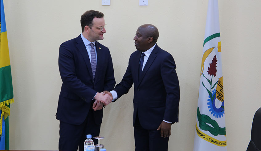 Prime Minister Edouard Ngirente receives German Health Minister Jens Spahn at his office in Kimihurura, Gasabo District yesterday. The two leaders discussed areas of cooperation between Rwanda and Germany. Craish Bahizi.