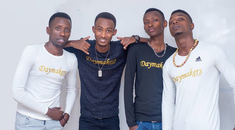 Daymakers Entertainment group members. Below, some of the  comedians on stage during the first show in Kigali, in April. /Courtesy 