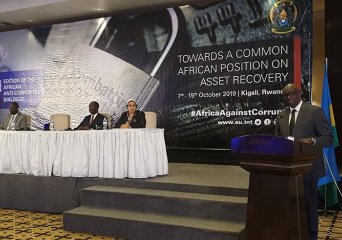 Minister Busingye makes his remarks at the African Anti-Corruption Dialogue in Kigali. (Courtesy)