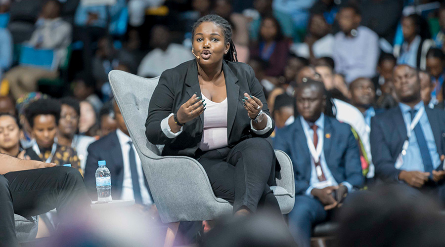 Eva Nishimwe, a Rwandan aeronautical engineer, speaks at the YouthConnekt Africa Summit 2019 at Kigali Arena, in Remera, Gasabo District on Wednesday. / Emmanuel Kwizera