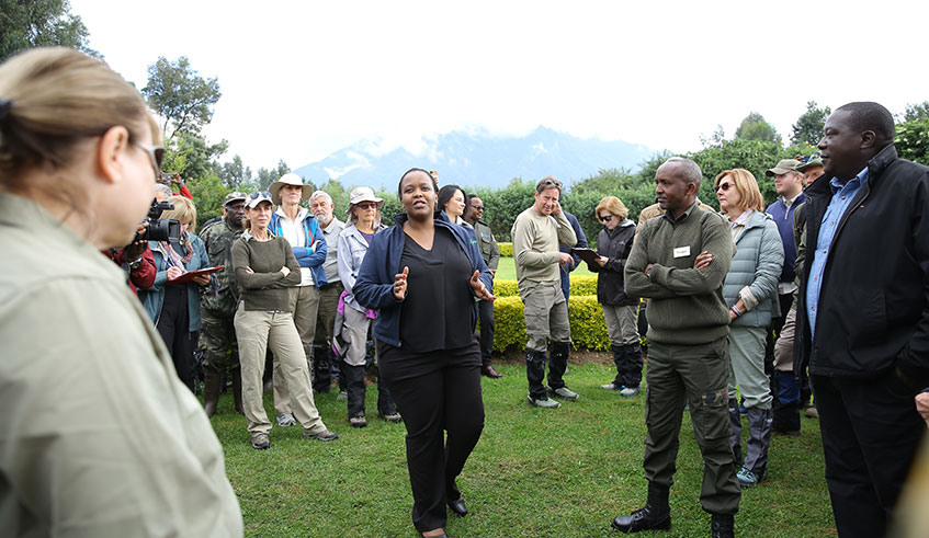 RDB chief executive Clare Akamanzi addresses hoteliers and tourists as other officials look on in Musanze District yesterday. Emmanuel Kwizera.