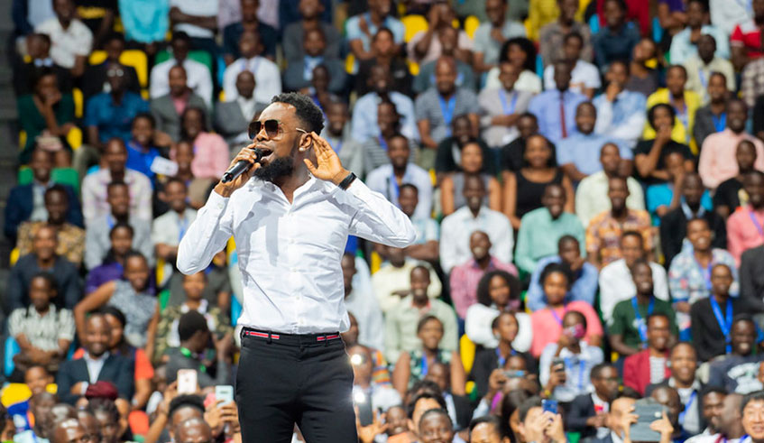Patoranking addresses delegates at the YouthConnekt Africa 2019 at Kigali Arena on Wednesday. Courtesy photos.