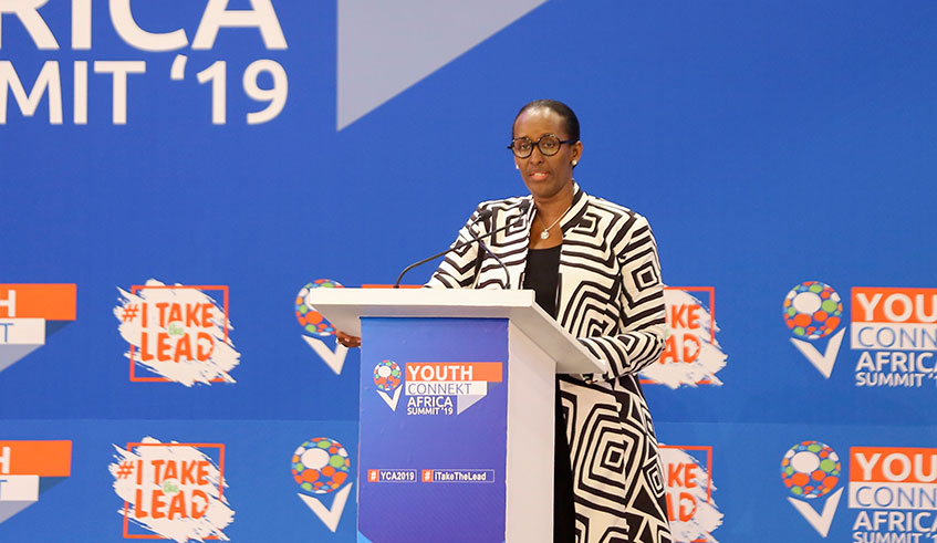 First Lady Jeannette Kagame addresses youths from Africa and beyond on the final day of YouthConnekt Africa Summit that ended in Kigali Friday at Kigali Convention Centre. During her address, Mrs Kagame challenged the African youth to leverage their numbers to take the lead in transforming the continent. The summit brought together over 8,000 youths from over 90 countries. /Emmanuel Kwizera.