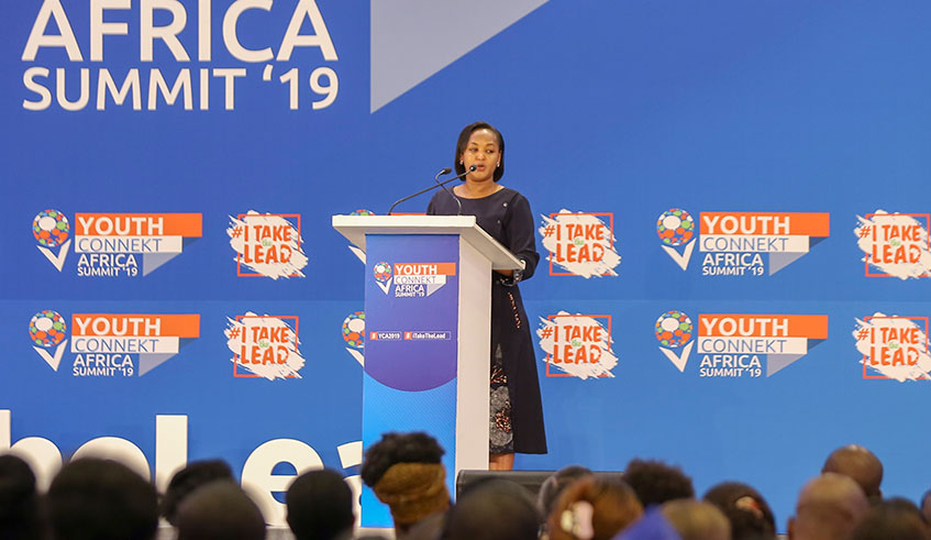 The Minister of Youth, Rosemary Mbabazi speaks at the YouthConneckt Africa Summit in Kigali on October 11, 2019. Emmanuel Kwizera
