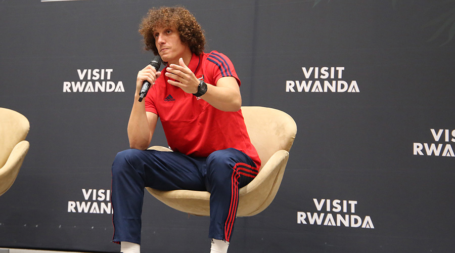 David Luiz speaks to Arsenal fans in Rwanda during a 'meet and greet' event at Kigali Convention Centre on Saturday. / Craish Bahizi