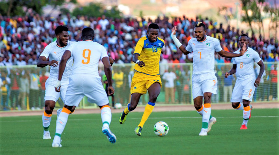 APR right-back Fitina Ombolenga (#13), seen here against Cu00f4te du2019Ivoire in AFCON 2019 Qualifiers this year, is likely to start against Tanzania on Monday. / File