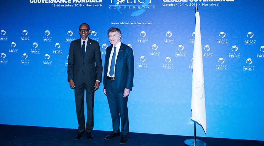 President Kagame with Thierry de Montbrial, the Executive Chairman of the French Institute of International Relations, at the 12th edition of the World Policy Conference, in Marrakesh, Morocco on Saturday. / Village Urugwiro